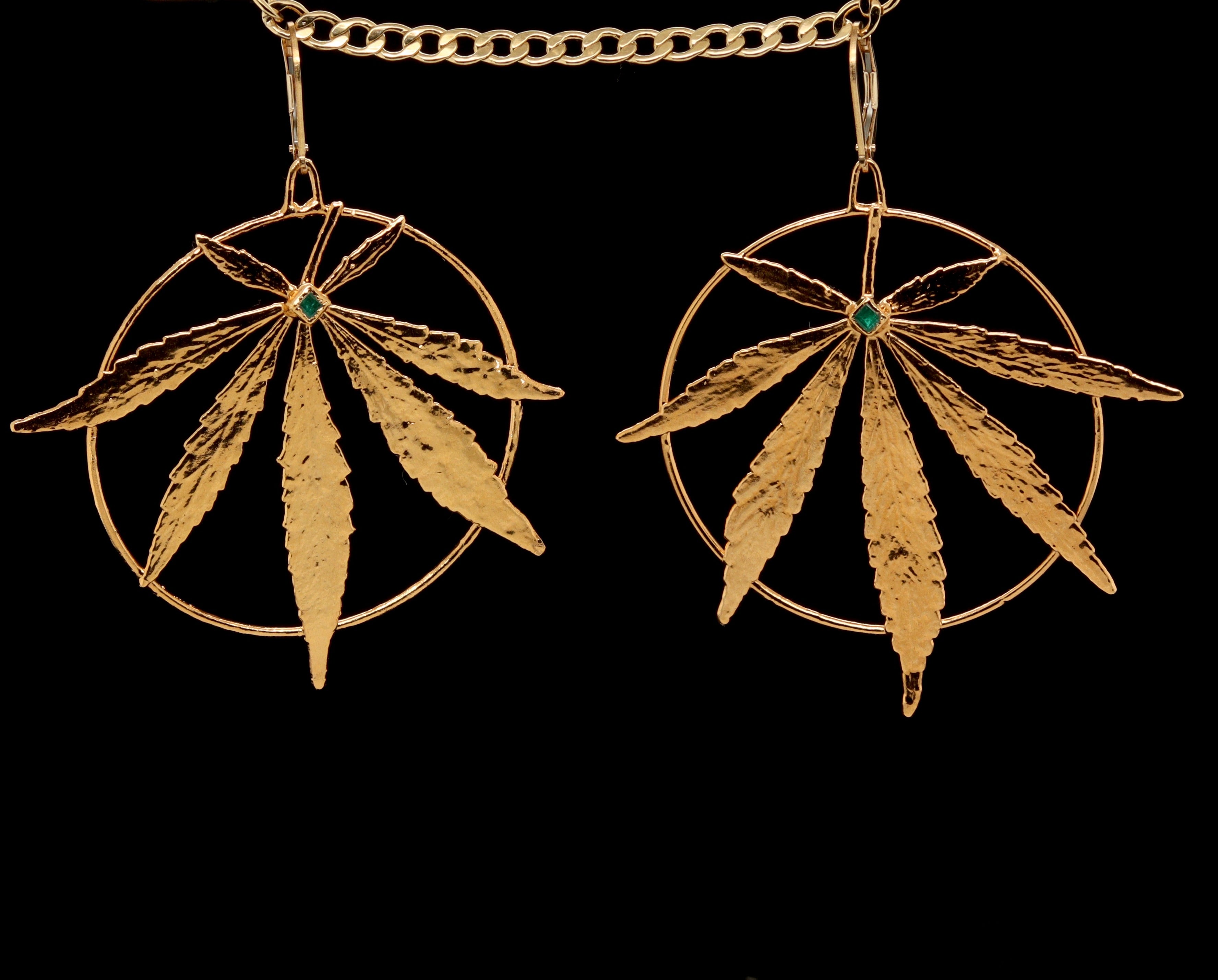 24k Lalibela Leaf Earrings with Emerald