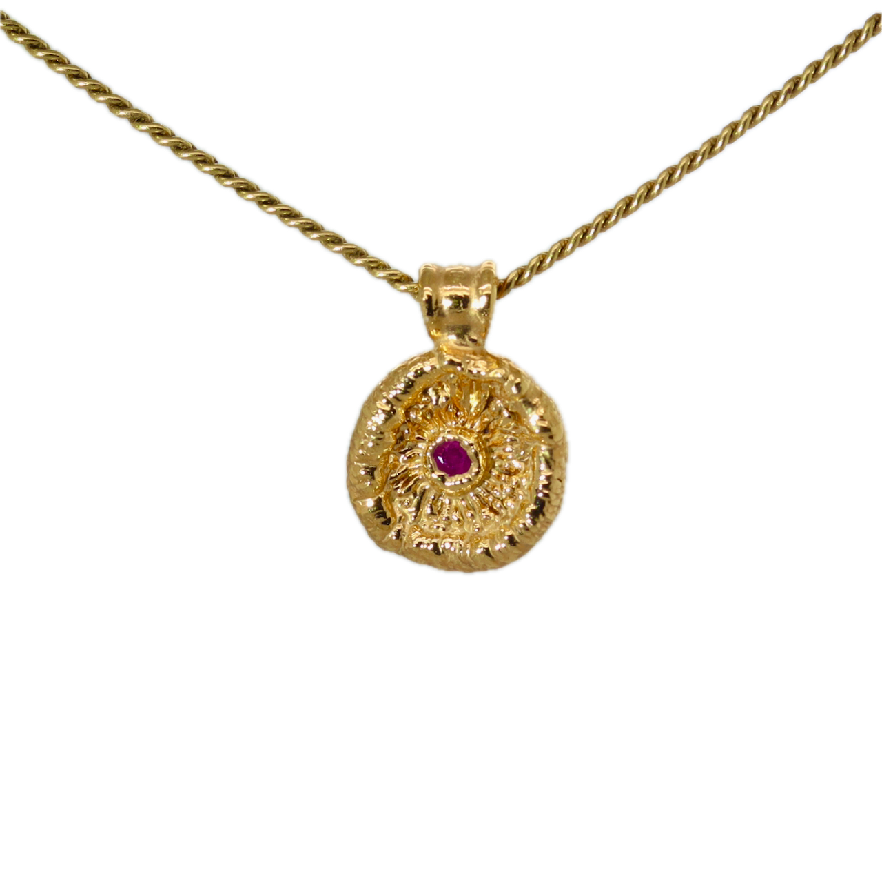 Real Mushroom Pendant dipped in gold with Ruby Gemstone, Nature Art Jewelry, Ras Boss