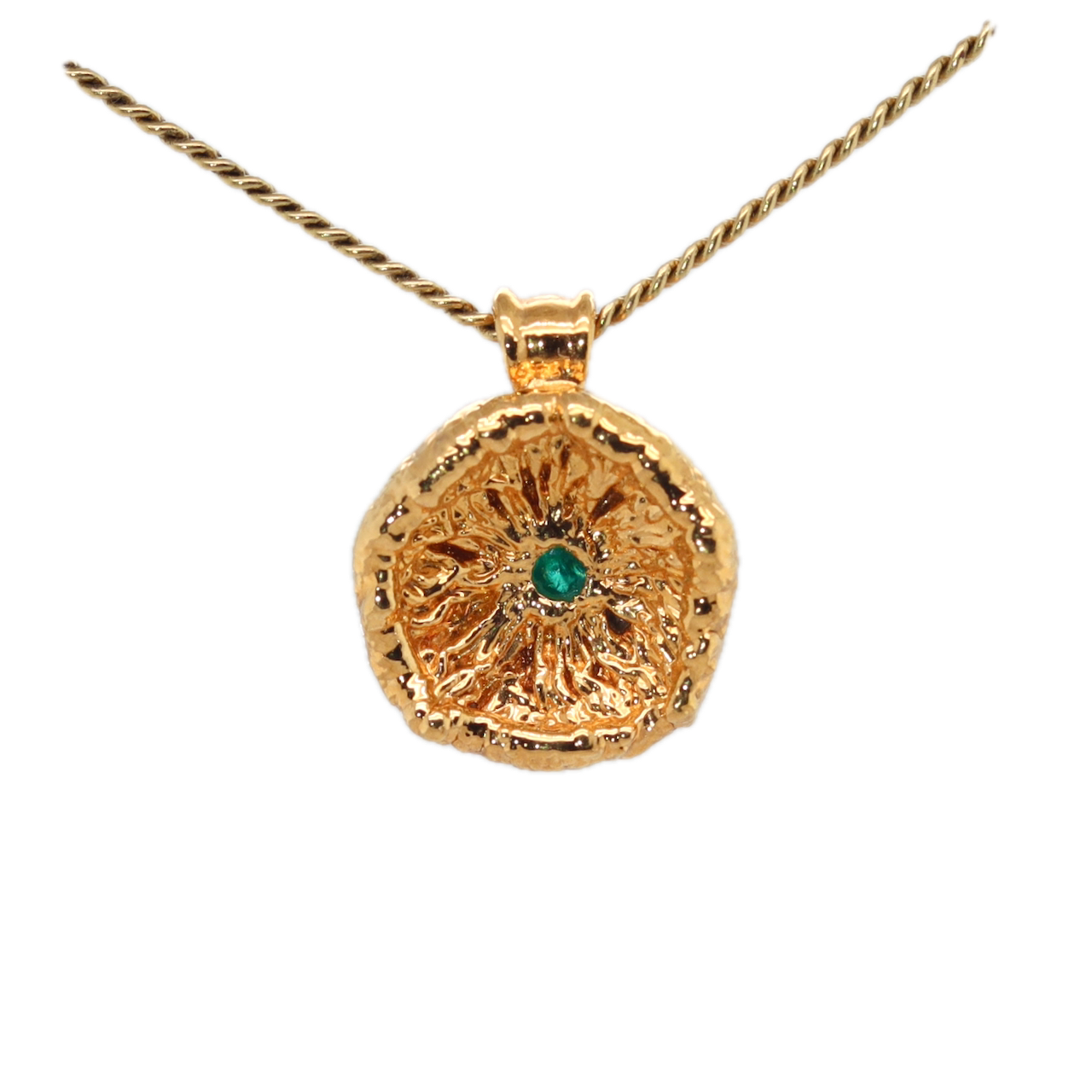 Real Mushroom cap Pendant dipped in gold with Emerald Gemstone, Nature Art Jewelry, Ras Boss