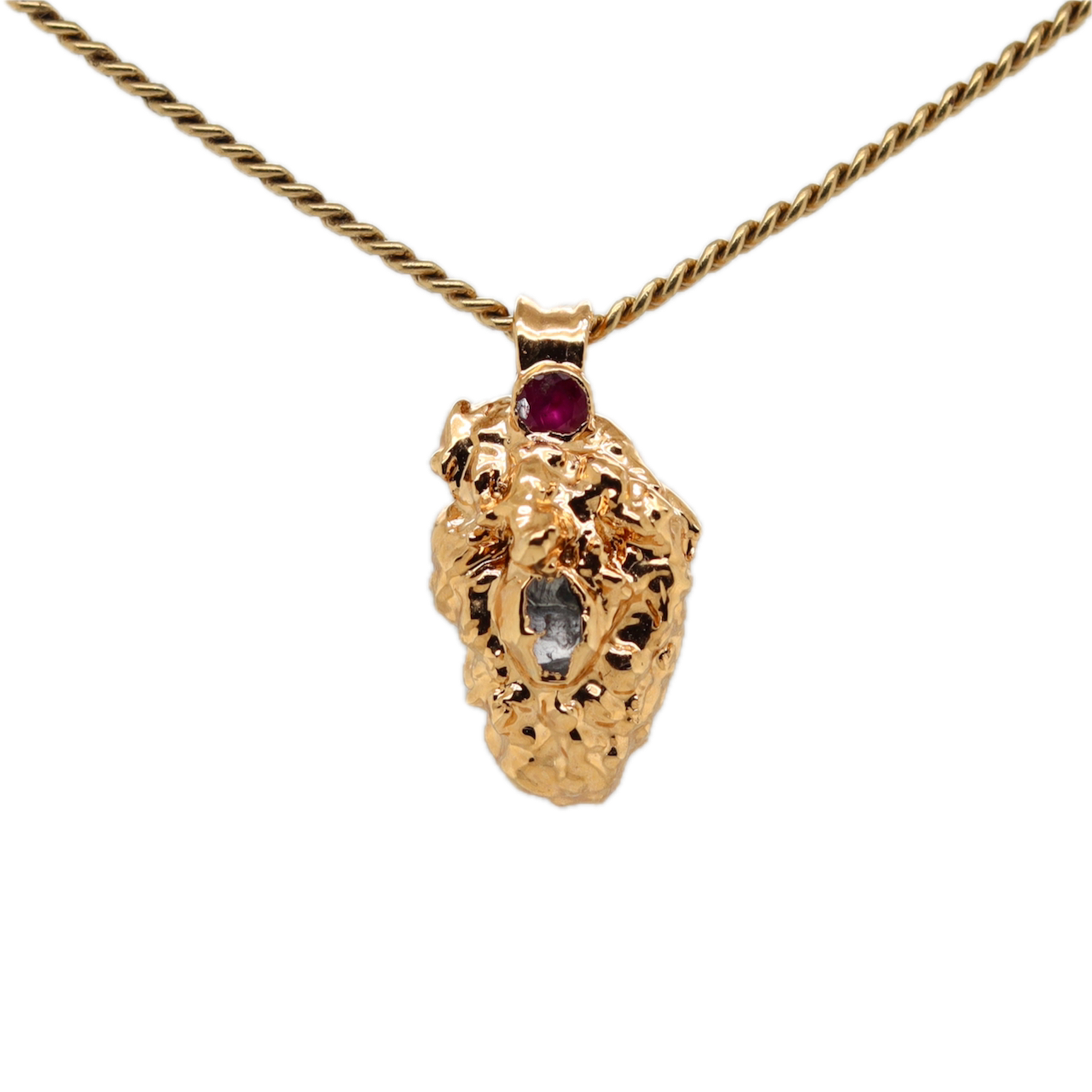 Real Gold Bud Pendant | Tangie Strain Cannabis Jewelry with Ruby & Herkimer Diamond