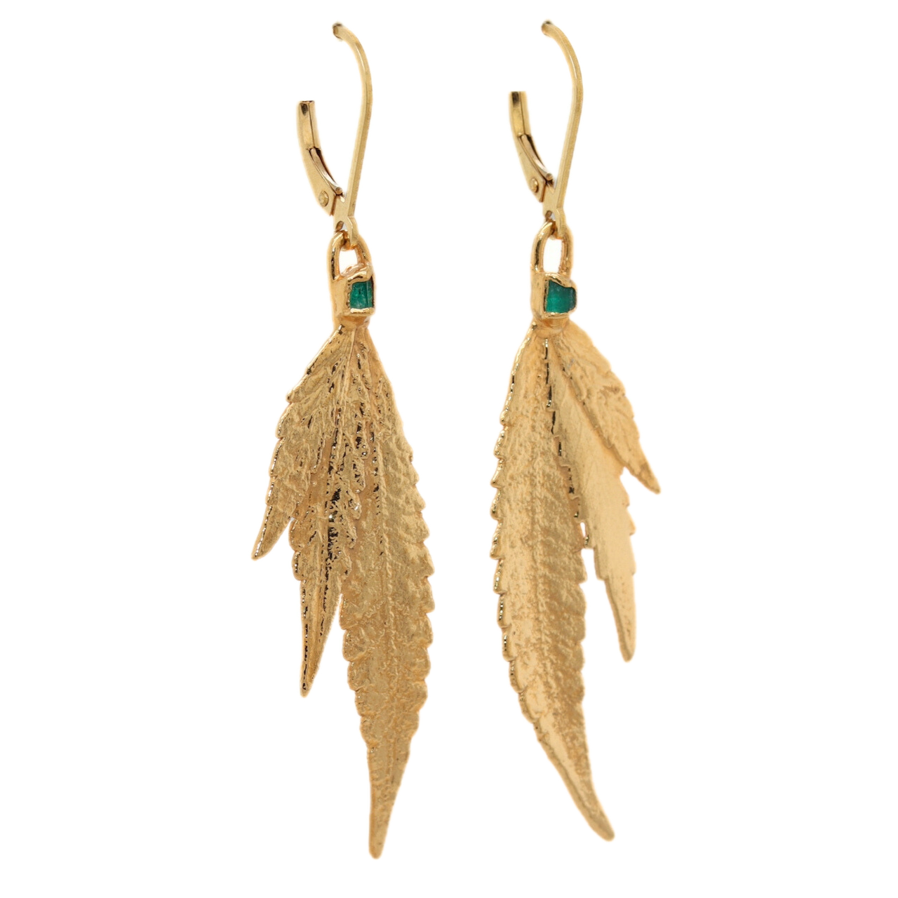 24k Cannabis Leaf Earrings with Emerald