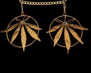 24k Lalibela Leaf Earrings with Emerald